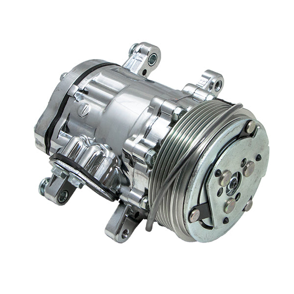 TSP A/C Compressor; Sanden SD-7 R134 Serpentine Belt; Polished With Silver Clutch Top Street Performance