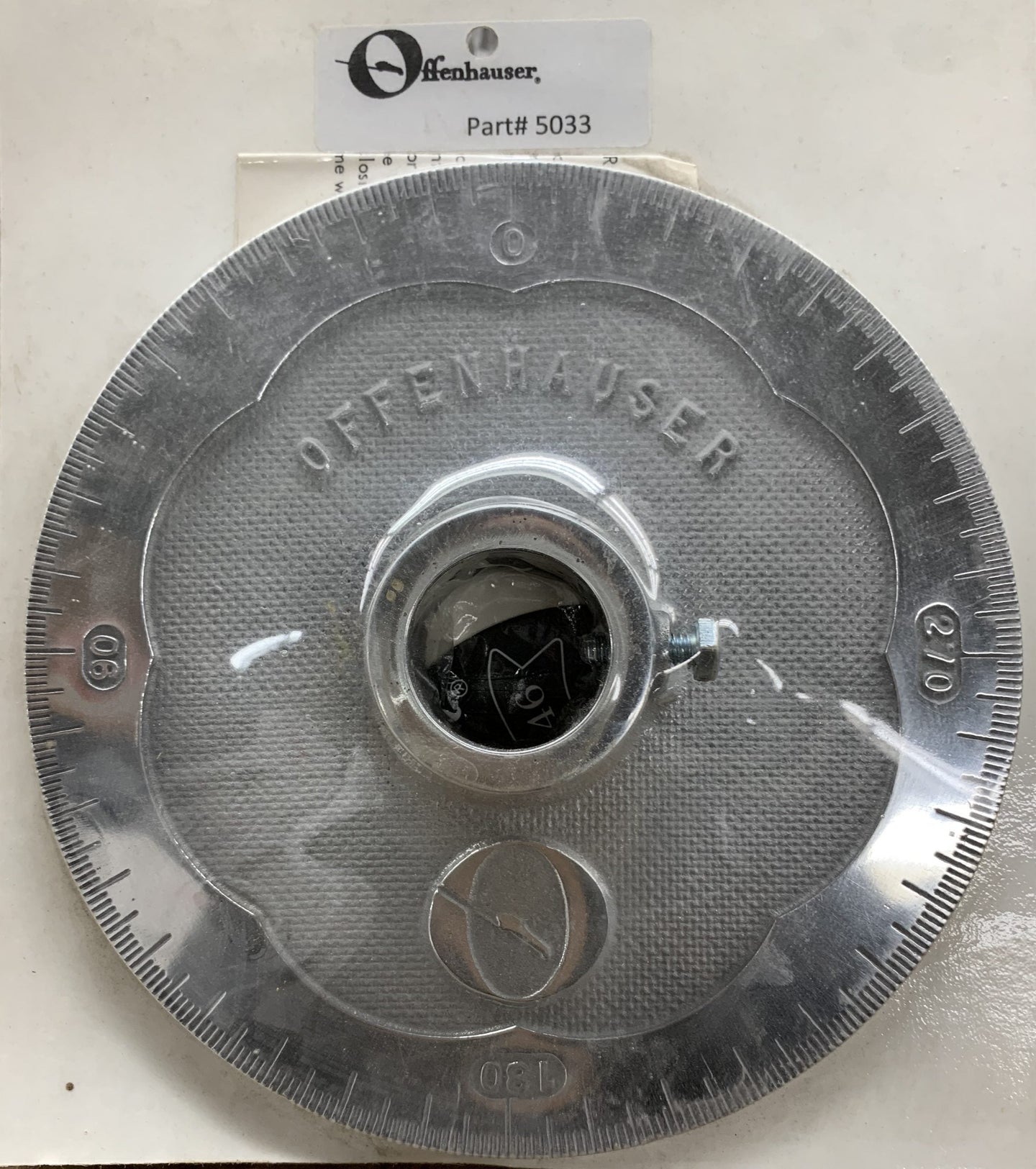 Offenhauser 5033 Degree Wheel. Polished aluminum. Very accurate. Calibrated 360 degrees in 5 inch increments. 1 3/8 inch crankshaft size. DFW Speed Syndicate