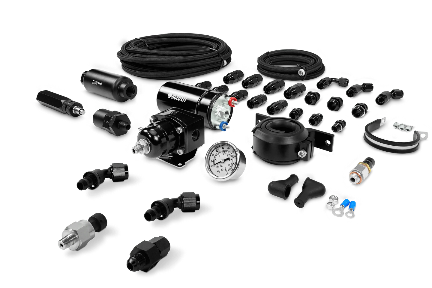 Aces Fuel Injection, Inc. 255 In-line Fuel Pump System with PTFE Hose + Pressure Sensor Kit 255 In-line Fuel Pump System with PTFE Hose
