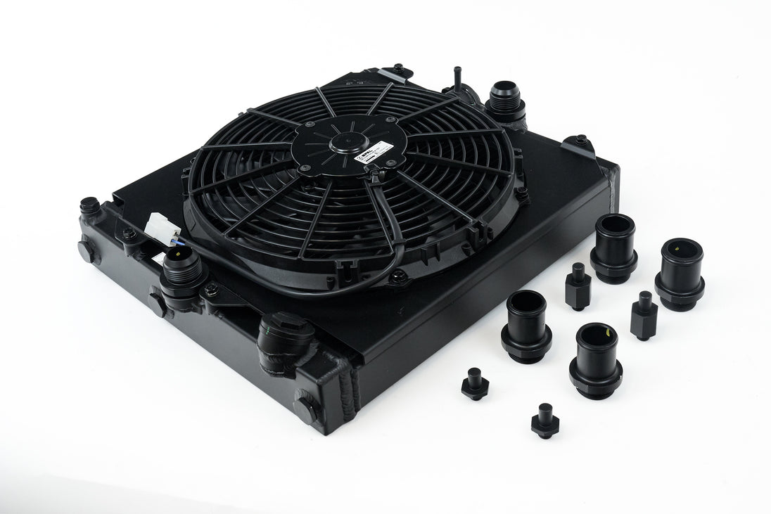 Universal Half Radiator - Evo 7/8/9 / 92-00 Civic - W/ SPAL Fan & Shroud - Black - DFW Speed Syndicate