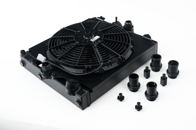 Universal Half Radiator - Evo 7/8/9 / 92-00 Civic - W/ SPAL Fan & Shroud - Black - DFW Speed Syndicate
