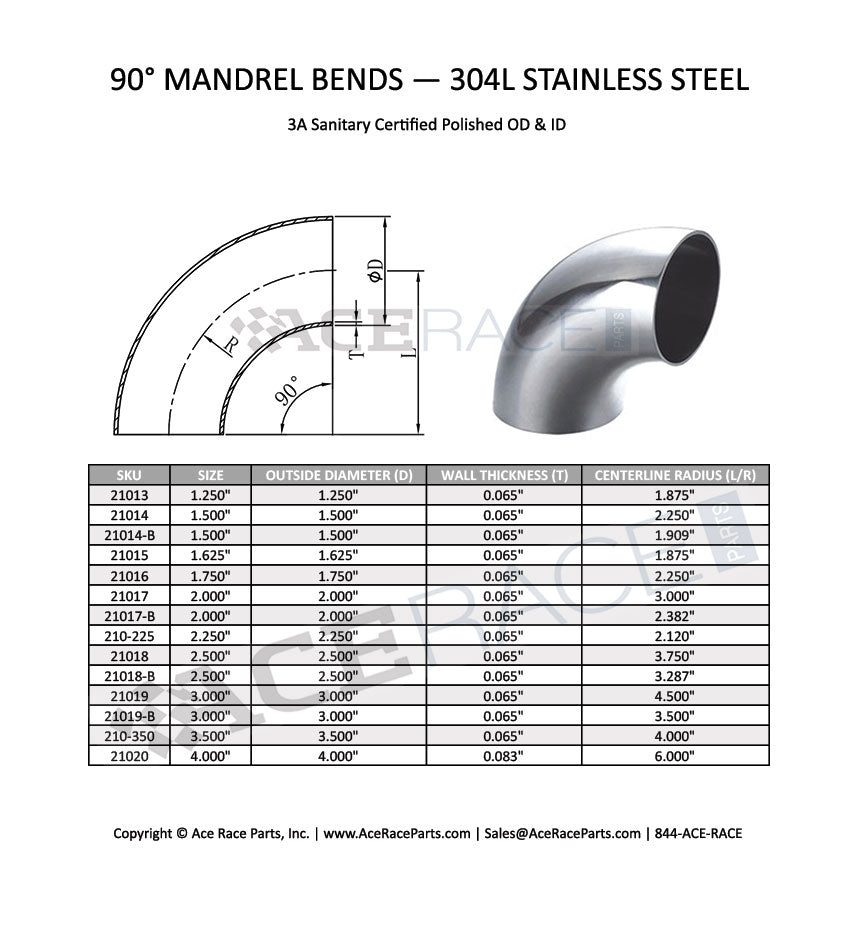 1.500" 16ga 90° Mandrel Bend - (2.250" CLR) - Brushed Finish - 304 Stainless Ace Race Parts