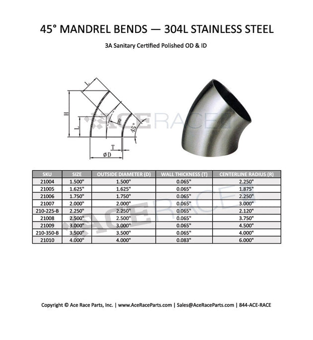 1.500" 16ga 45° Mandrel Bend - (2.250" CLR) - Brushed Finish - 304 Stainless Ace Race Parts