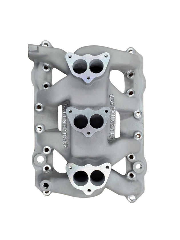 Offenhauser 3372 Dodge/Plymouth Intake Manifold 53-56. Three 2 barrel manifold.All engines except 315 cubic inch Dodge engine. Manifold is drilled for 3 Bolt carbs. DFW Speed Syndicate