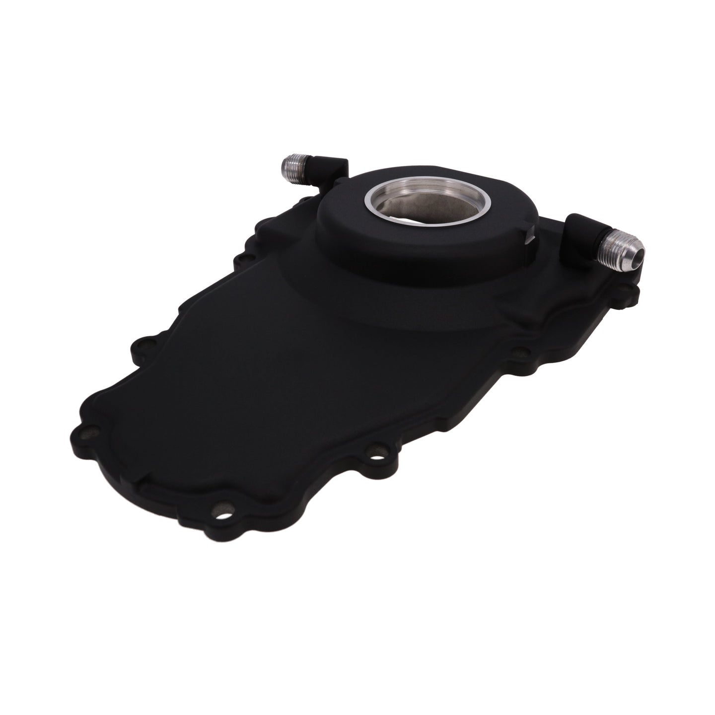TSP GM LS 1-Piece Black Aluminum Timing Cover With Turbo Oil Drain Return Top Street Performance