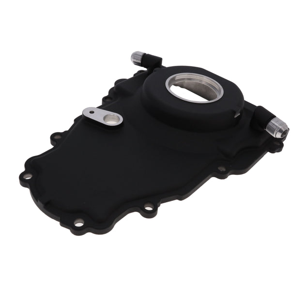 TSP GM LS 1-Piece Black Aluminum Timing Cover With Turbo Oil Drain Return And Cam Position Sensor Provision Top Street Performance