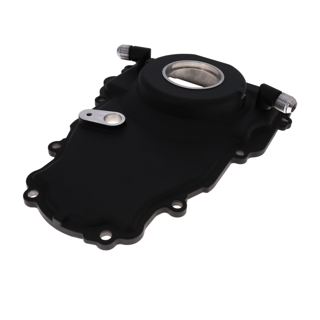 TSP GM LS 1-Piece Black Aluminum Timing Cover With Turbo Oil Drain Return And Cam Position Sensor Provision Harness Crank Seal And Gasket Top Street Performance