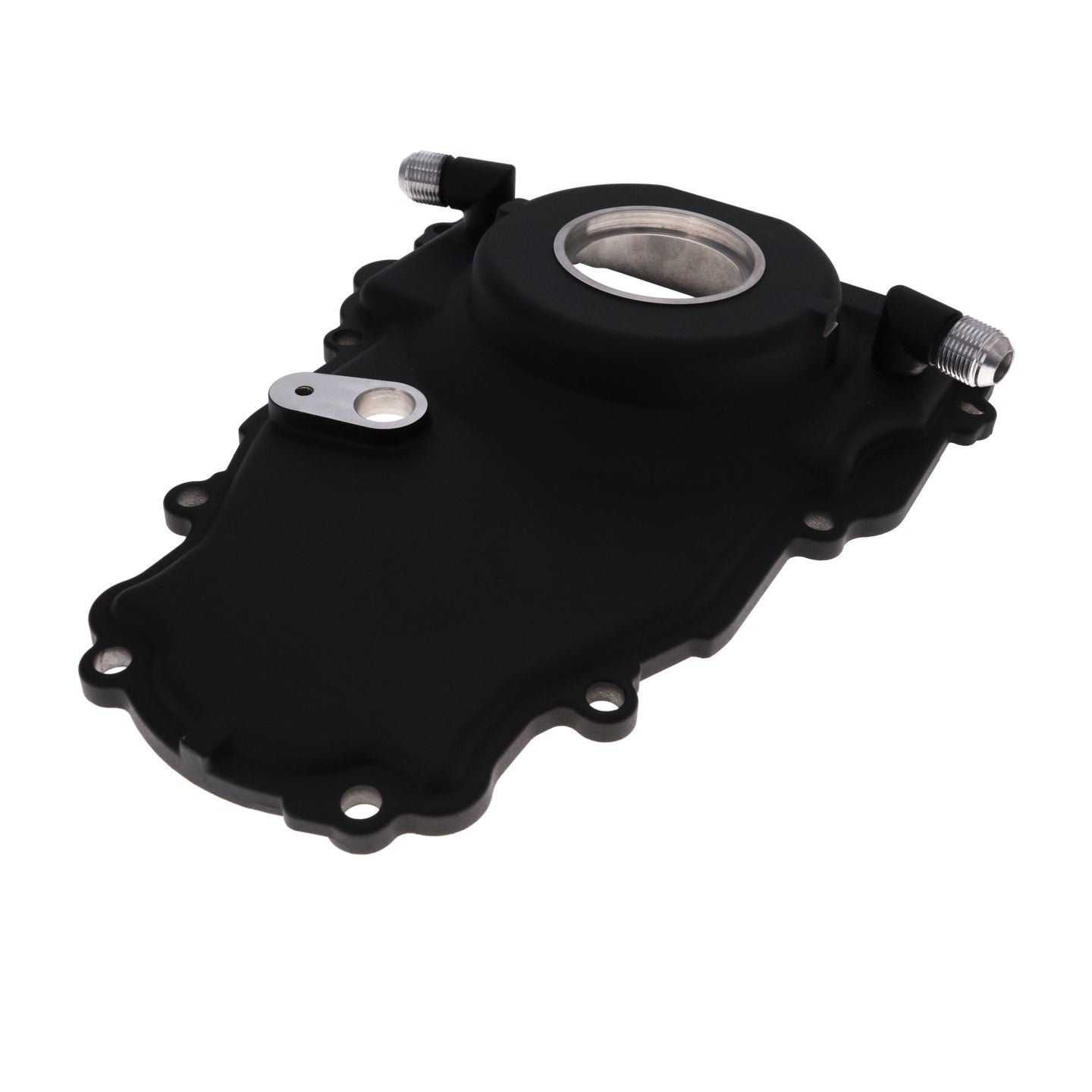 TSP GM LS 1-Piece Black Aluminum Timing Cover With Turbo Oil Drain Return And Cam Position Sensor Provision Harness Crank Seal And Gasket Top Street Performance