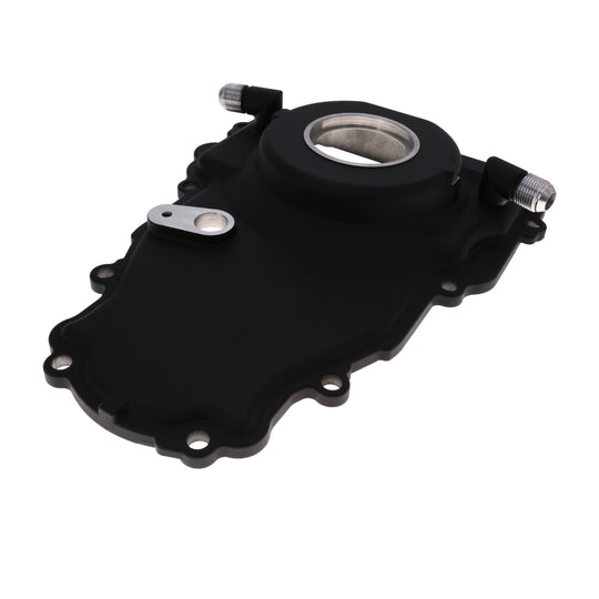 TSP GM LS 1-Piece Black Aluminum Timing Cover With Turbo Oil Drain Return And Cam Position Sensor Provision Harness Crank Seal And Gasket Top Street Performance