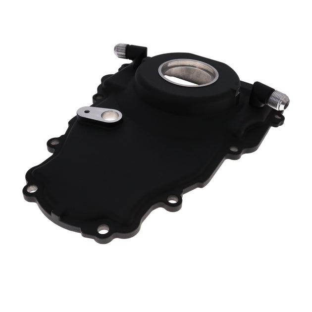 TSP GM LS 1-Piece Black Aluminum Timing Cover With Turbo Oil Drain Return And Cam Position Sensor Provision Harness Crank Seal And Gasket Top Street Performance