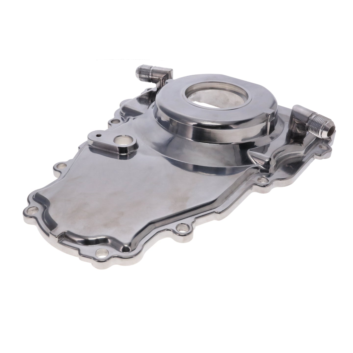 TSP GM LS 1-Piece Polished Aluminum Timing Cover With Turbo Oil Drain Return And Cam Position Sensor Provision Harness Crank Seal And Gasket Top Street Performance