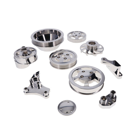 TSP GM LS Polished Serpentine Front Drive System Brackets Pulleys And Belt Tensioner Top Street Performance