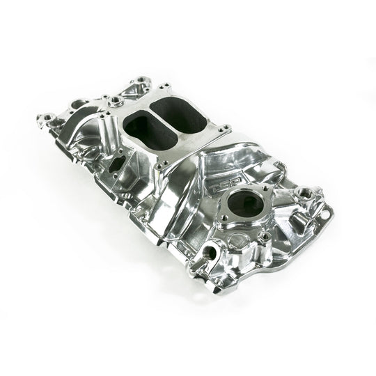 TSP Intake Manifold; Chevy Small Block Carb. Aluminum Dual Plane; Polished Top Street Performance