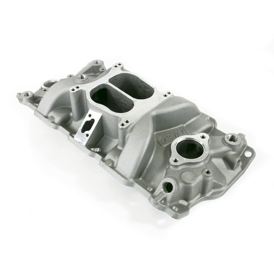 TSP Intake Manifold; Chevy Small Block Carb. Aluminum Dual Plane; Satin Top Street Performance