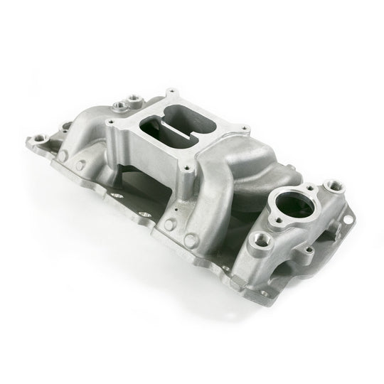 TSP Intake Manifold; Chevy Small Block Carb. Aluminum Dual Plane Air Gap; Satin Top Street Performance