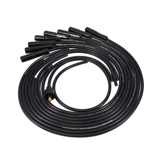 Universal Ignition Wires; 8.5mm Black; Straight Black Ceramic Plug Boots Top Street Performance