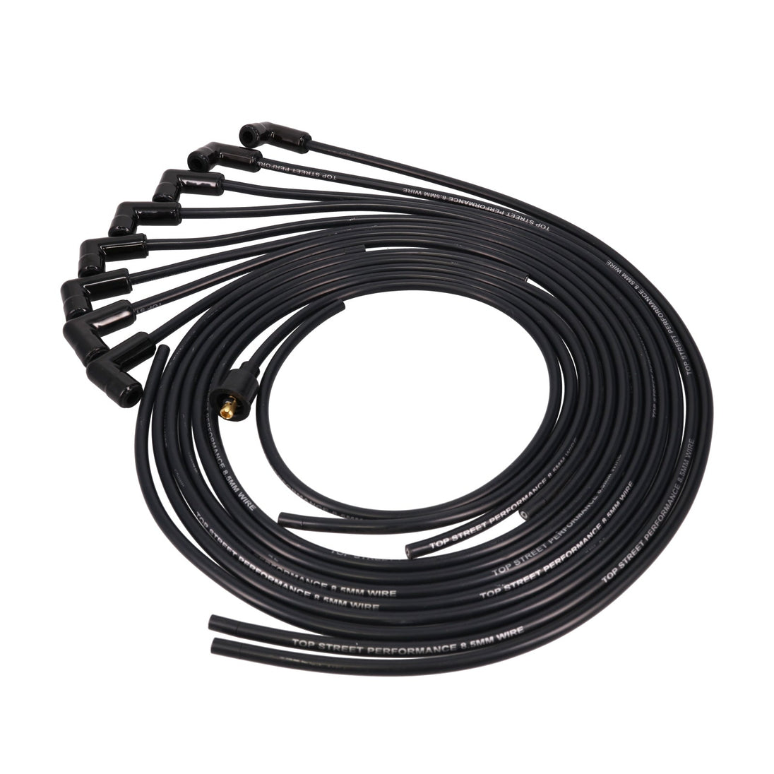 Universal Ignition Wires; 8.5mm Black; 90 Deg. Black Ceramic Plug Boots Top Street Performance