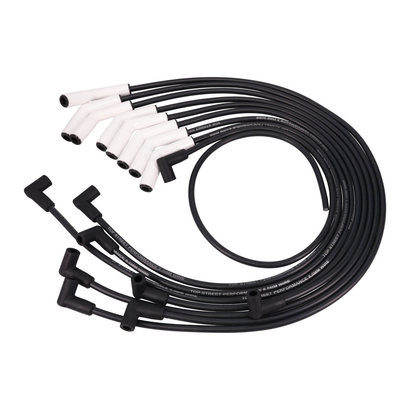 Ford Small Block Wires; 8.5mm Black; 135 Deg. White Ceramic Plug Boots Top Street Performance