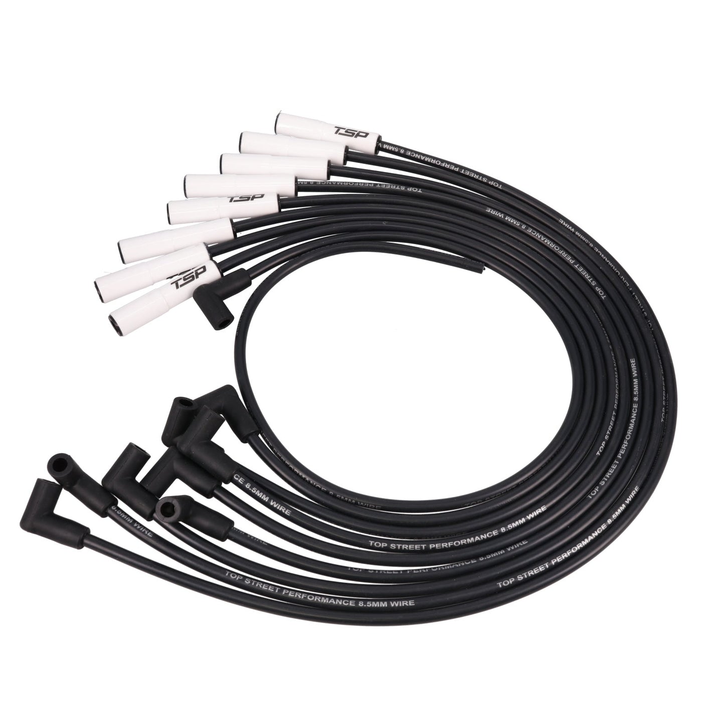 Ford Big Block Wires; 8.5mm Black; 180 Deg. White Ceramic Plug Boots Top Street Performance