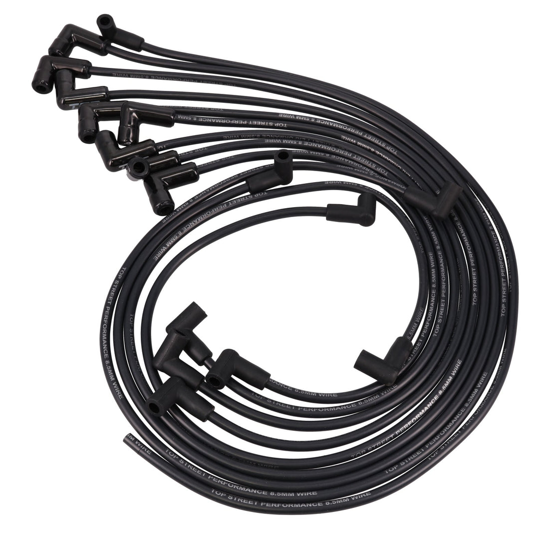 Chevy SB Under Header Wires; 8.5mm Black; 90 Deg. Black Ceramic Plug Boots Top Street Performance