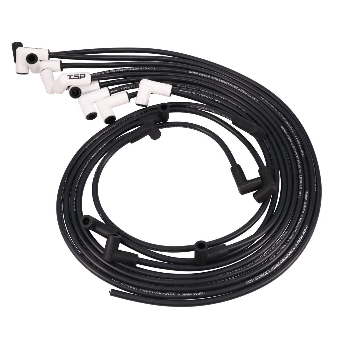Chevy SB Under Header Wires; 8.5mm Black; 90 Deg. White Ceramic Plug Boots Top Street Performance