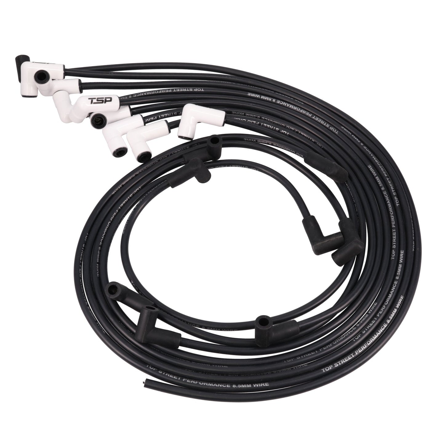 Chevy SB Under Header Wires; 8.5mm Black; 90 Deg. White Ceramic Plug Boots Top Street Performance