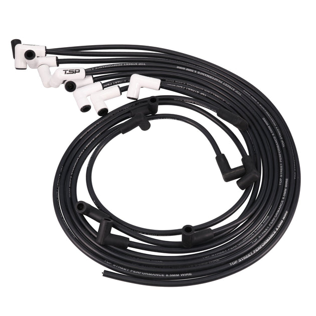 Chevy SB Under Header Wires; 8.5mm Black; 90 Deg. White Ceramic Plug Boots Top Street Performance