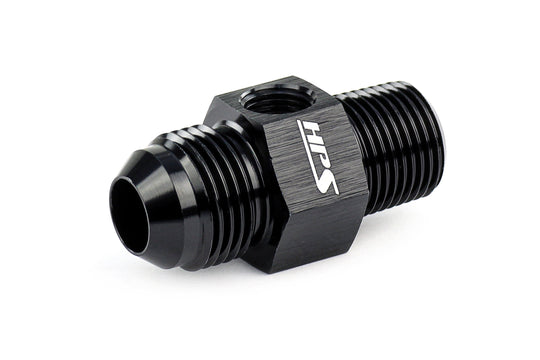 HPS AN Male to NPT Male Adapter with 1/8" NPT Female Port, Aluminum, Black FR SPORT