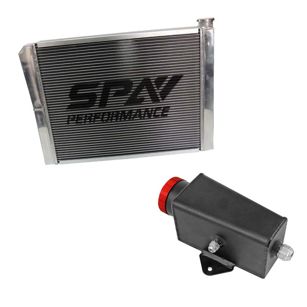 Lightweight Late Model Radiator - Double Pass - 26.8" x 19.6" + Power Steering Tank Firewall Mount (Right Inlet) - Red Cap SPA TURBO USA