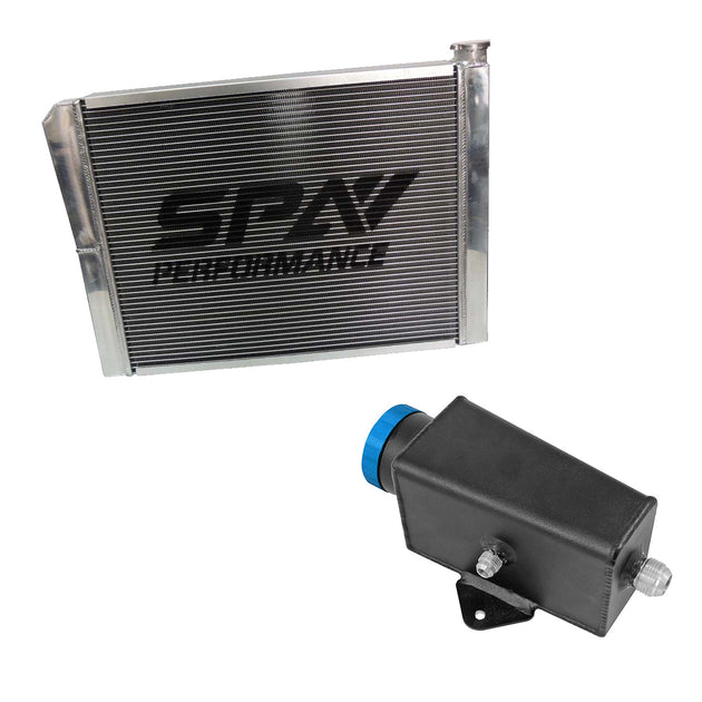 Lightweight Late Model Radiator - Double Pass - 26.8" x 19.6" + Power Steering Tank Firewall Mount (Right Inlet) - Blue Cap SPA TURBO USA