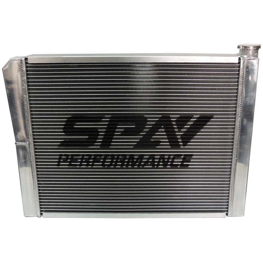 Lightweight Late Model Radiator - Double Pass - 26.8" x 19.6" + Power Steering Tank Firewall Mount (Right Inlet) - Blue Cap SPA TURBO USA