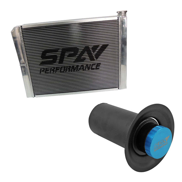 Lightweight Late Model Radiator - Double Pass - 26.8" x 19.6" + Remote Fill Tank - Blue Cap SPA TURBO USA