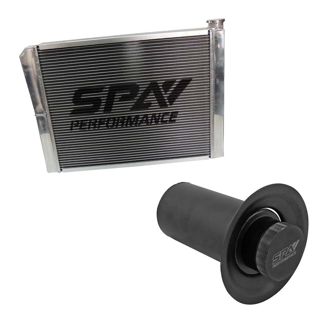 Lightweight Late Model Radiator - Double Pass - 26.8" x 19.6" + Remote Fill Tank - Black Cap SPA TURBO USA