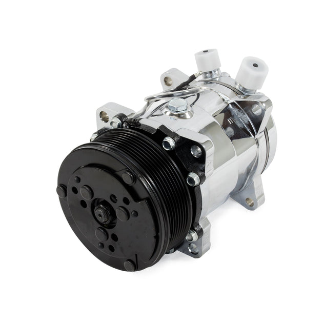 TSP A/C Compressor; Sanden 508 R134 Serpentine Belt; Chrome With Black Clutch Top Street Performance