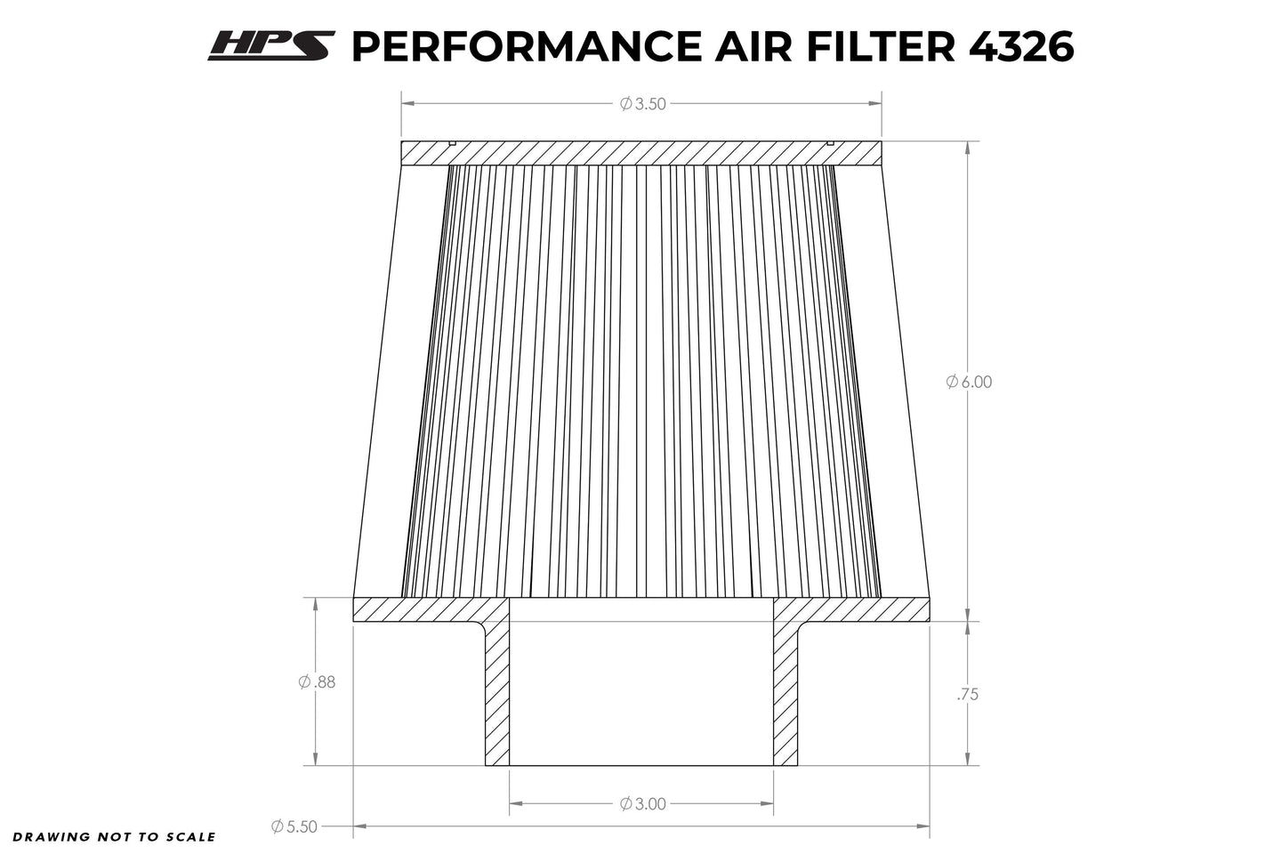 HPS Air Filter 3" ID, 6" Element Length, 6.75" Overall Length, HPS-4326 FR SPORT