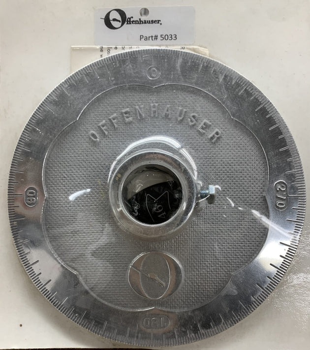 Offenhauser 5033 Degree Wheel. Polished aluminum. Very accurate. Calibrated 360 degrees in 5 inch increments. 1 3/8 inch crankshaft size. DFW Speed Syndicate