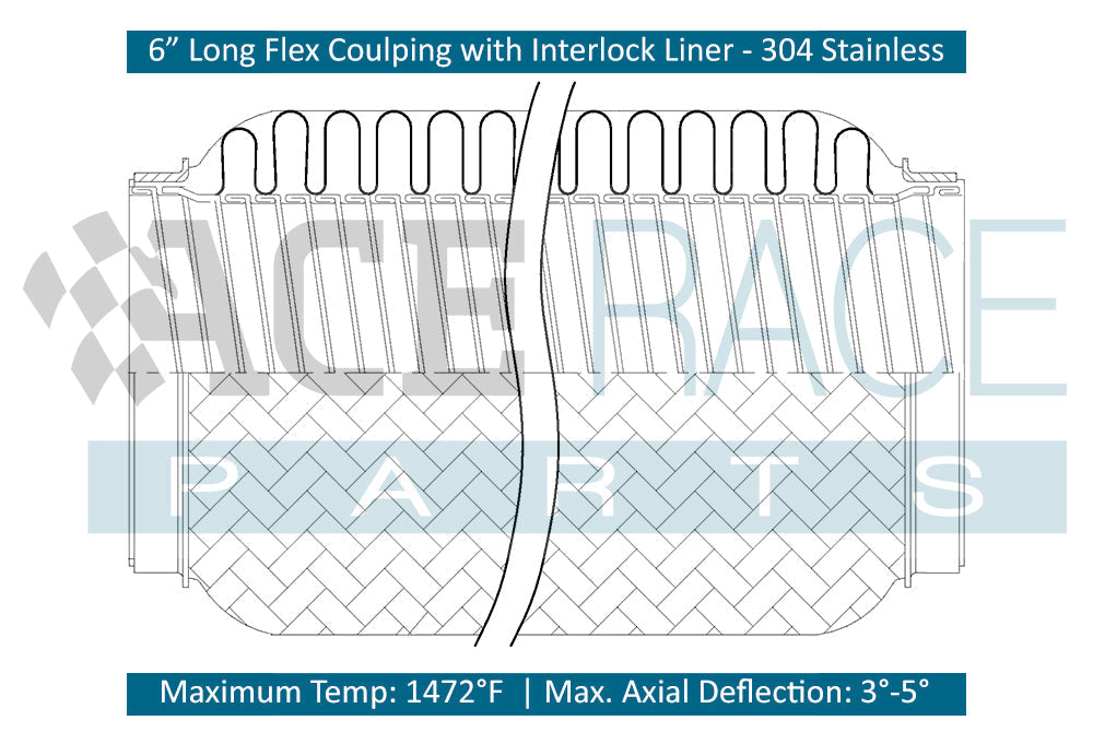 2.500" ID x 6" Long Flex Coupling (Interlock Liner) 304 Stainless Ace Race Parts