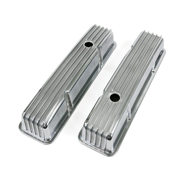 TSP Valve Covers; Cast Alum.; Finned; Long Bolt With Holes; SBC Perim.; Polished Top Street Performance