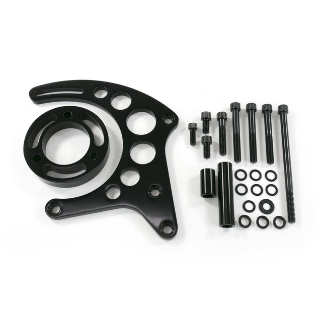 TSP Alternator 10SI Bracket; Aluminum SBC High-mount Long Water Pump; Black Top Street Performance