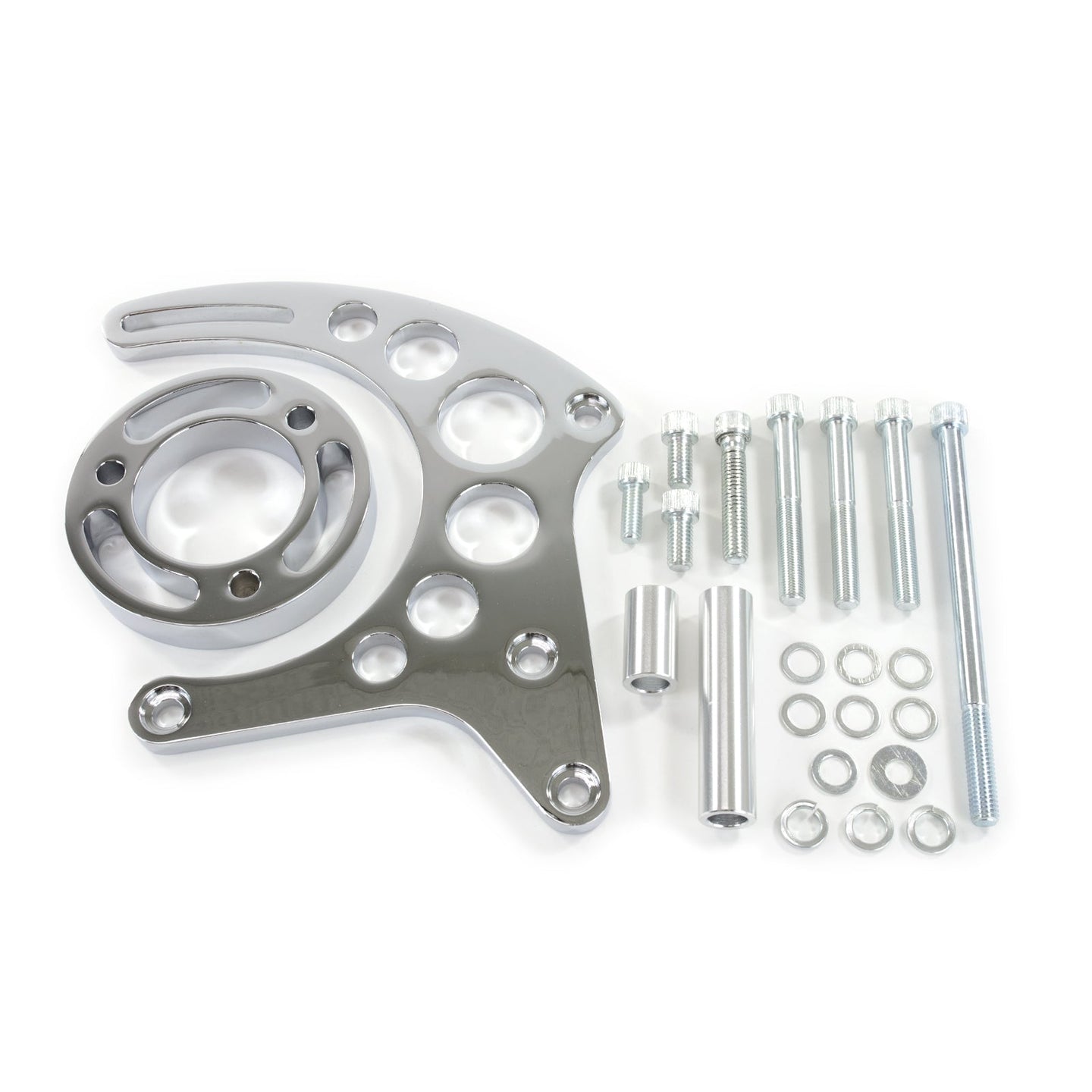 TSP Alternator 10SI Bracket; Aluminum SBC High-mount Long Water Pump; Chrome Top Street Performance
