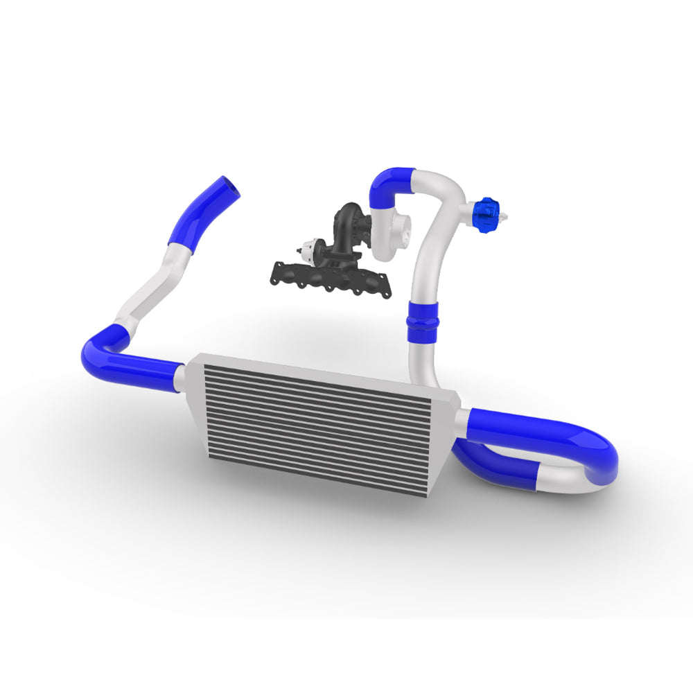 TWIN SCROLL TOP MOUNT TMA06 TURBO KIT + FRONT MOUNT INTERCOOLER VW 1.8 20V TRANSVERSAL, BLUE HOSES, TURBO NOT INCLUDED SPA TURBO USA
