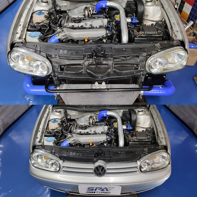TWIN SCROLL TOP MOUNT TMA06 TURBO KIT + FRONT MOUNT INTERCOOLER VW 1.8 20V TRANSVERSAL, BLACK HOSES, TURBO NOT INCLUDED SPA TURBO USA