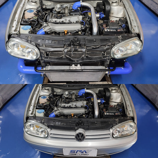 TWIN SCROLL TOP MOUNT TMA16 TURBO KIT + FRONT INTERCOOLER VW 1.8 20V TRANSVERSAL WITHOUT TURBOCHARGER - BLUE HOSE SPA TURBO USA