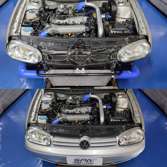 TWIN SCROLL TOP MOUNT TMA16 TURBO KIT + FRONT MOUNT INTERCOOLER VW 1.8 20V TRANSVERSAL, BLACK HOSES, TURBO NOT INCLUDED SPA TURBO USA