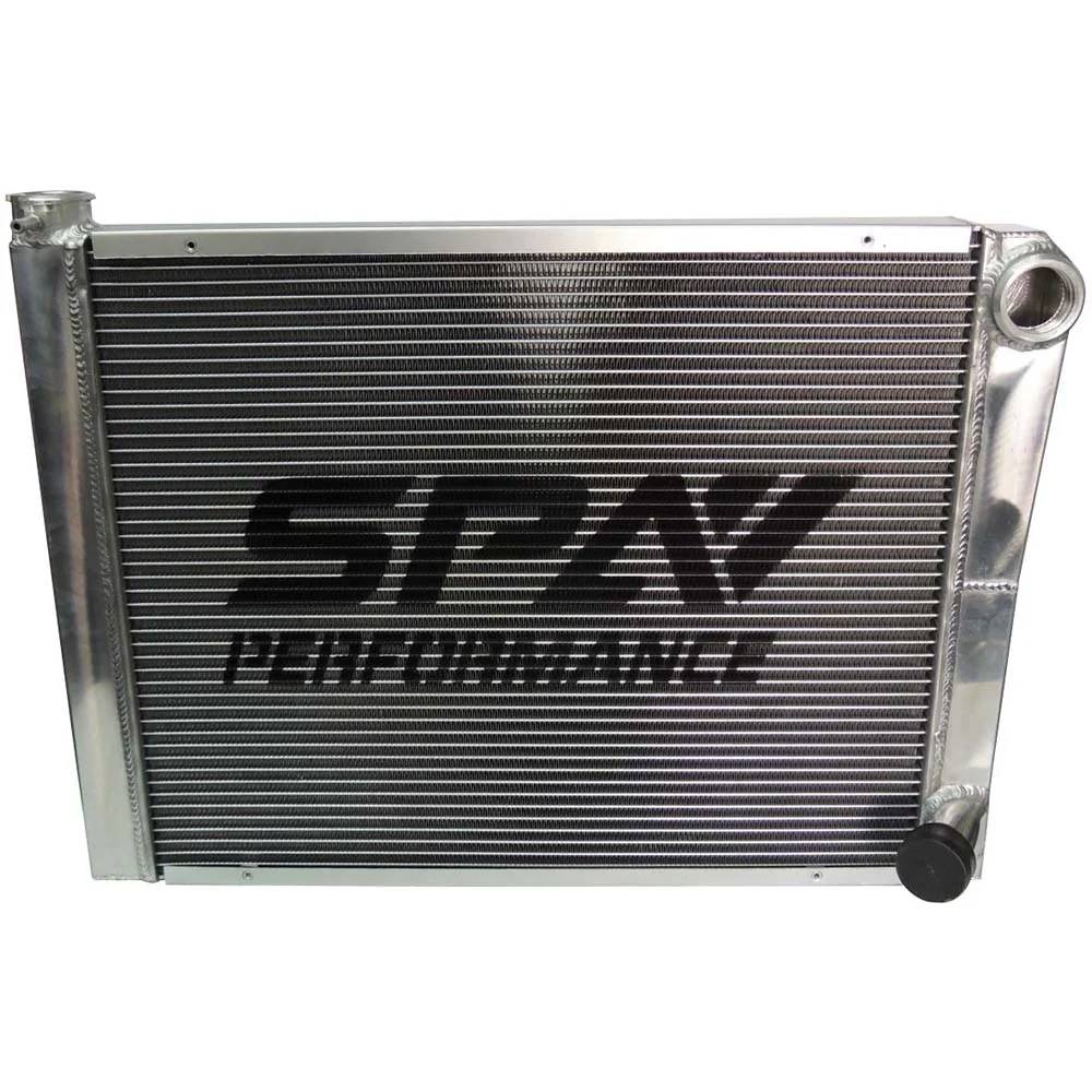 Lightweight Late Model Radiator - Double Pass - 26.8" x 19.6" + Power Steering Tank Firewall Mount (Right Inlet) - Black Cap SPA TURBO USA