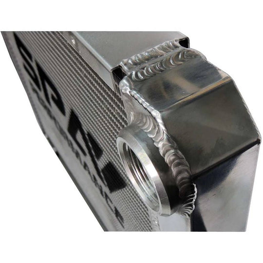 Lightweight Late Model Radiator - Double Pass - 26.8" x 19.6" + Power Steering Tank Firewall Mount (Right Inlet) - Black Cap SPA TURBO USA