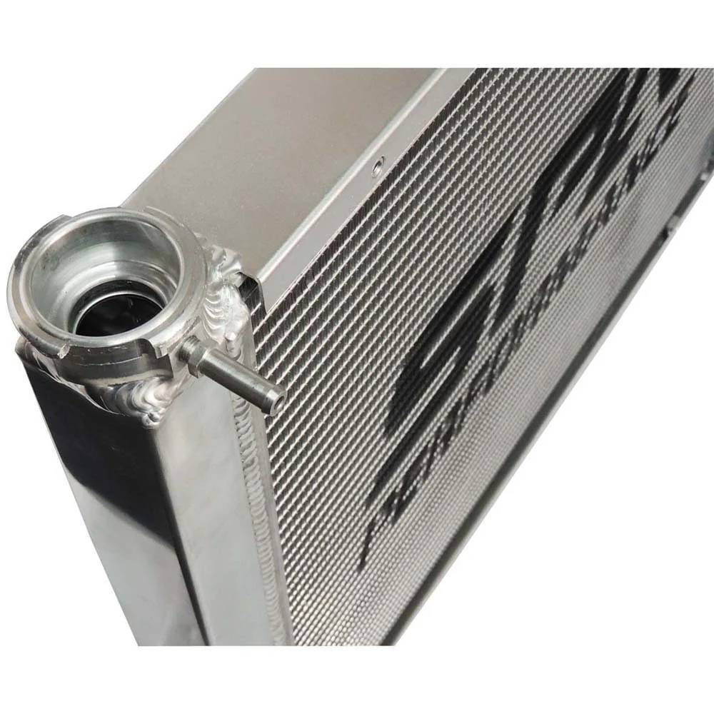 Lightweight Late Model Radiator - Double Pass - 26.8" x 19.6" + Power Steering Tank Firewall Mount (Right Inlet) - Black Cap SPA TURBO USA