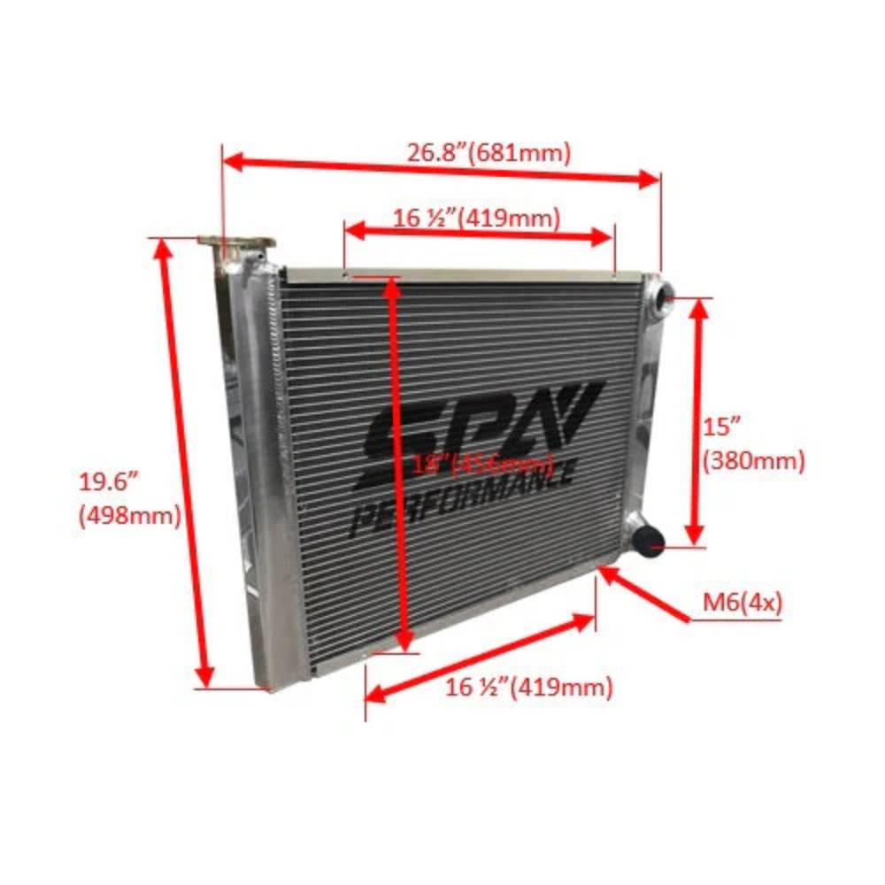 Lightweight Late Model Radiator - Double Pass - 26.8" x 19.6" + Power Steering Tank Firewall Mount (Right Inlet) - Black Cap SPA TURBO USA
