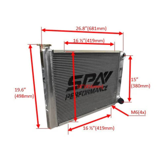 Lightweight Late Model Radiator - Double Pass - 26.8" x 19.6" + Power Steering Tank Firewall Mount (Right Inlet) - Black Cap SPA TURBO USA