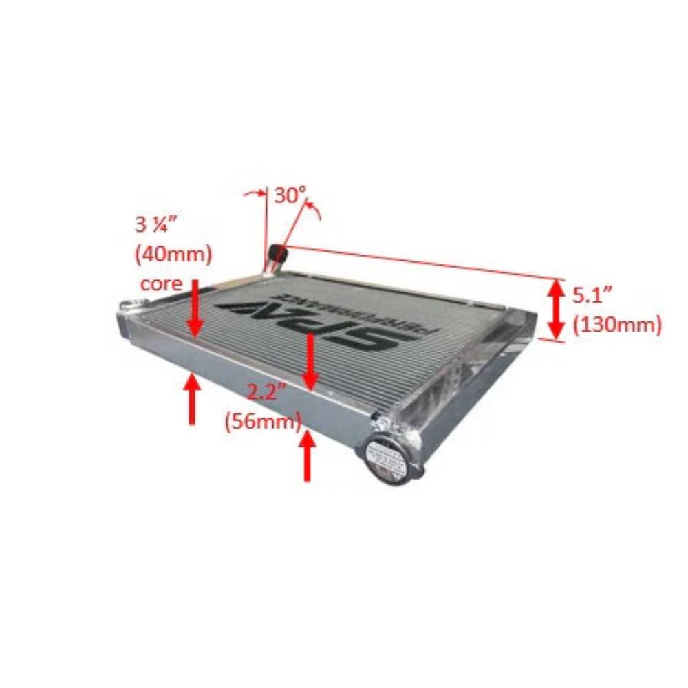 Lightweight Late Model Radiator - Double Pass - 26.8" x 19.6" + Power Steering Tank Firewall Mount (Right Inlet) - Black Cap SPA TURBO USA